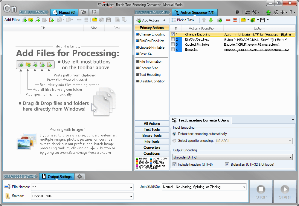 Convert encoding of multiple text files: Unicode, ASCII, UTF, ANSI, ISO