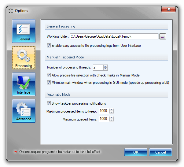 Processing Options let you twek various file-processing related settings