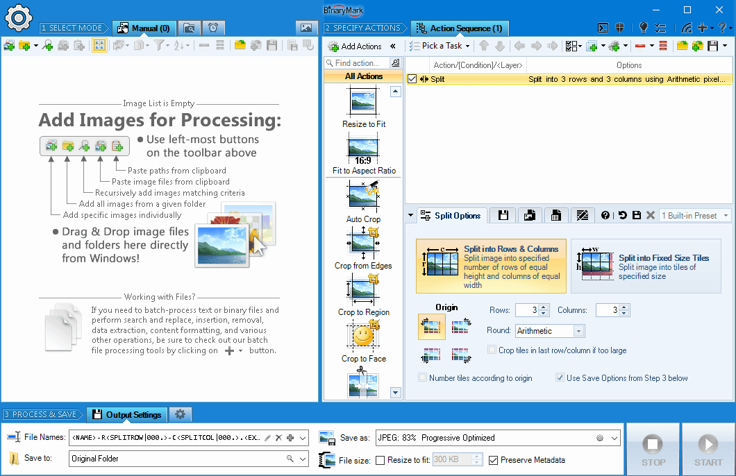 Split pictures into tiles of desired size